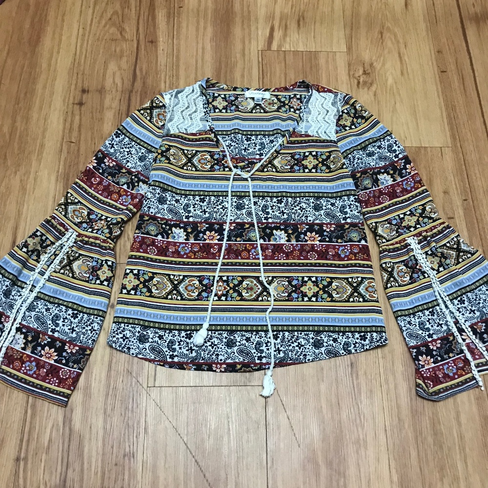 Olsenboye Striped Pattern Open Bell Sleeve Blouse